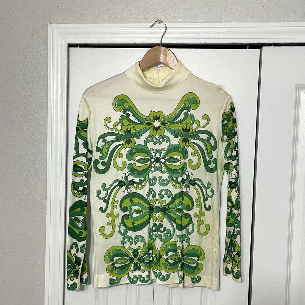 Vintage Jane Colby Top Womens Large Green Floral Mock Neck Zip Jersey 60s 70s
